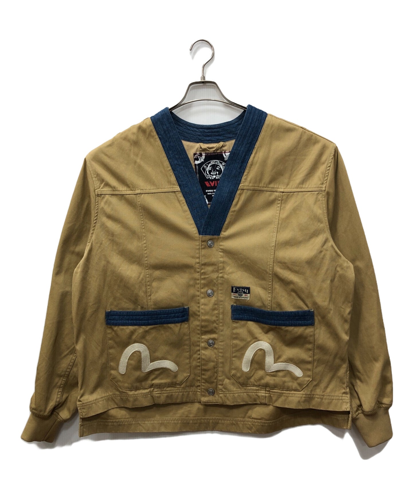 [Pre-owned] EVISU Embroidered Denim-Panel Collarless Jacket