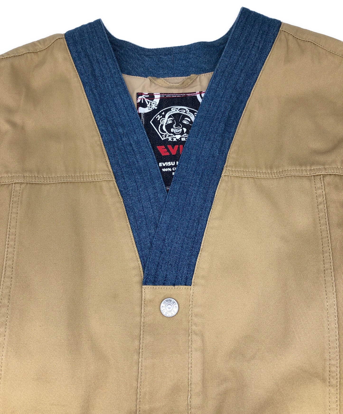 [Pre-owned] EVISU Embroidered Denim-Panel Collarless Jacket