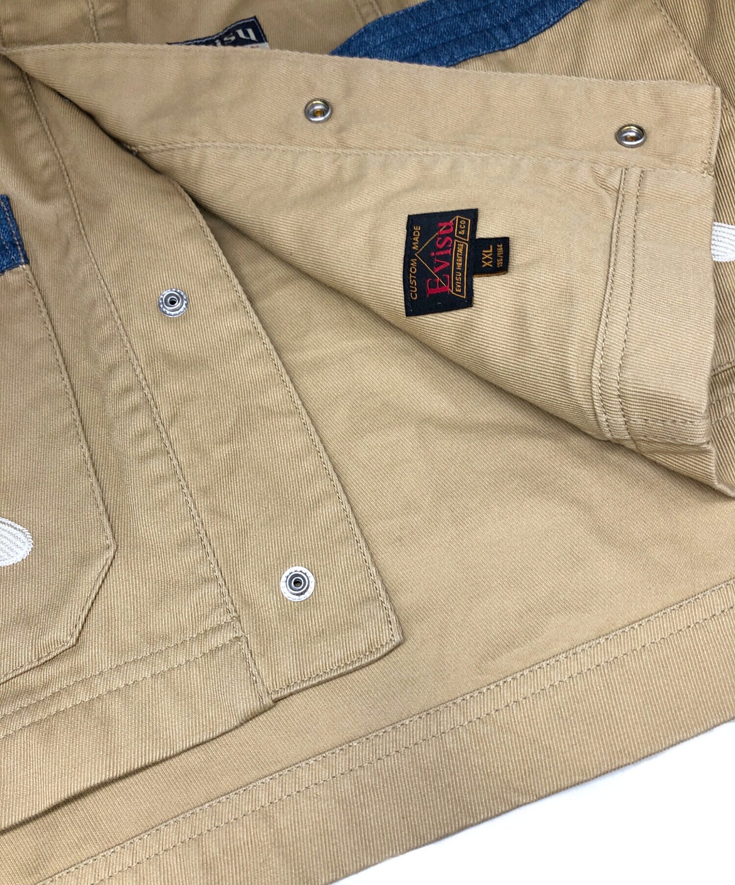 [Pre-owned] EVISU Embroidered Denim-Panel Collarless Jacket