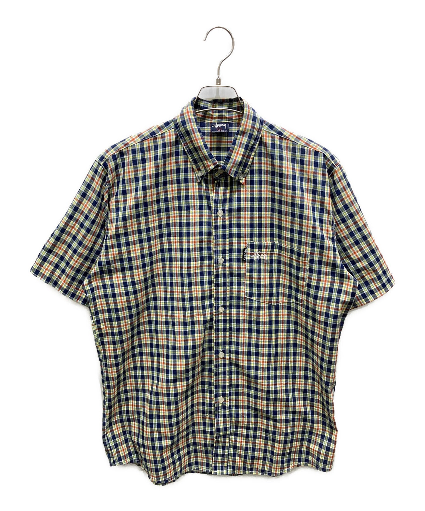 [Pre-owned] stussy Short Sleeve Checked Shirt 90's Navy Blue Tag