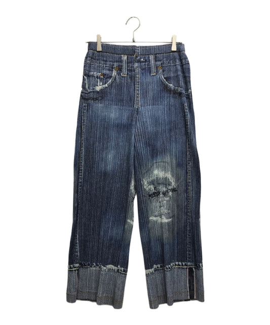 [Pre-owned] PLEATS PLEASE Damaged denim transfer pleated pants PP71-JF531