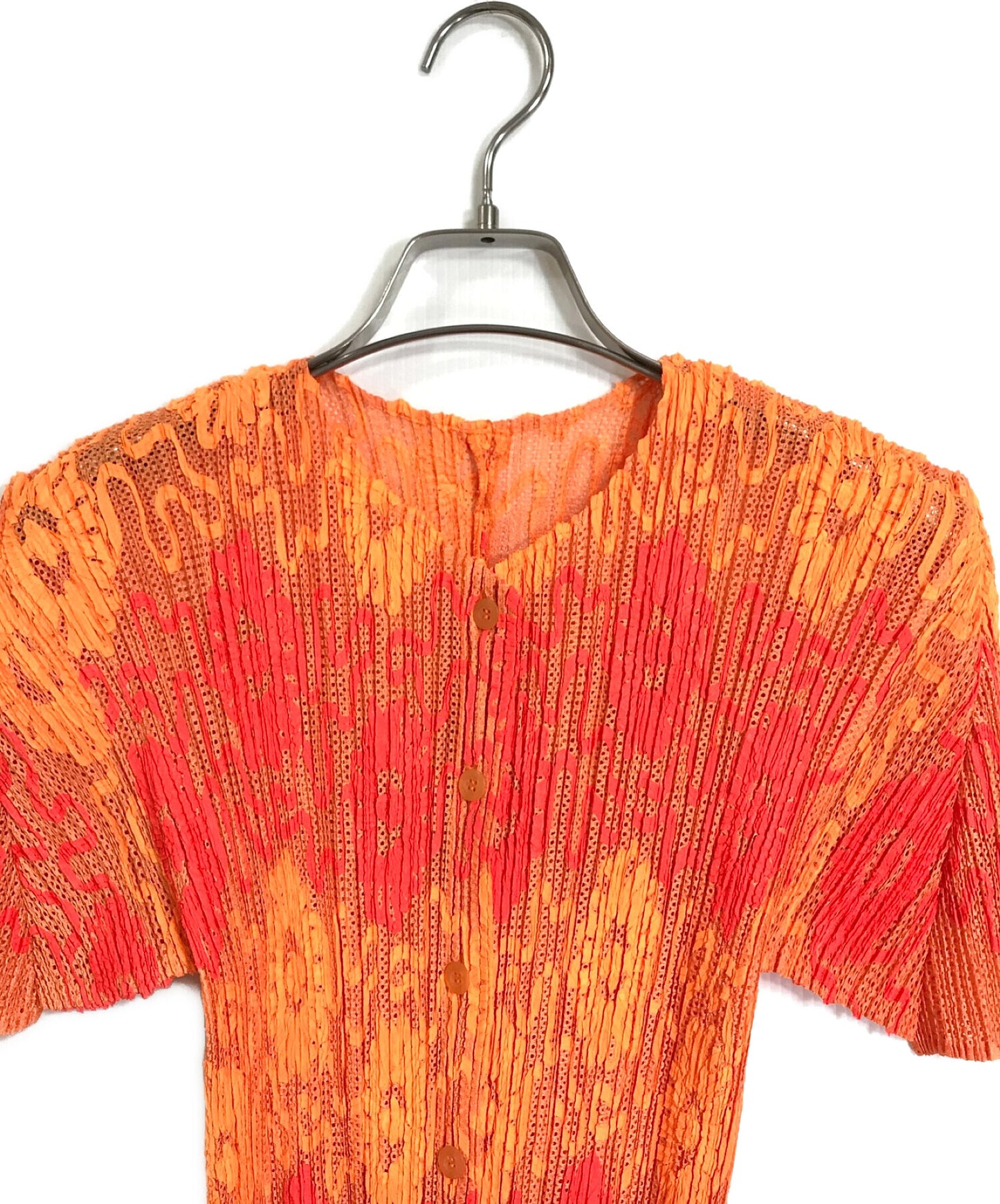 [Pre-owned] PLEATS PLEASE Flower Pattern Short Sleeve Cardigan PLEATS PLEASE PLEATS PLEASE Orange Short Sleeve Tops Size 4 PP06-JO905