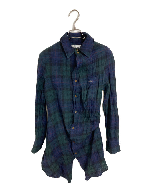 [Pre-owned] Vivienne Westwood Logo-Embroidered Asymmetrical Long Wool Shirt, Long-Sleeve Shirt, Checkered Shirt VW-WR-71915