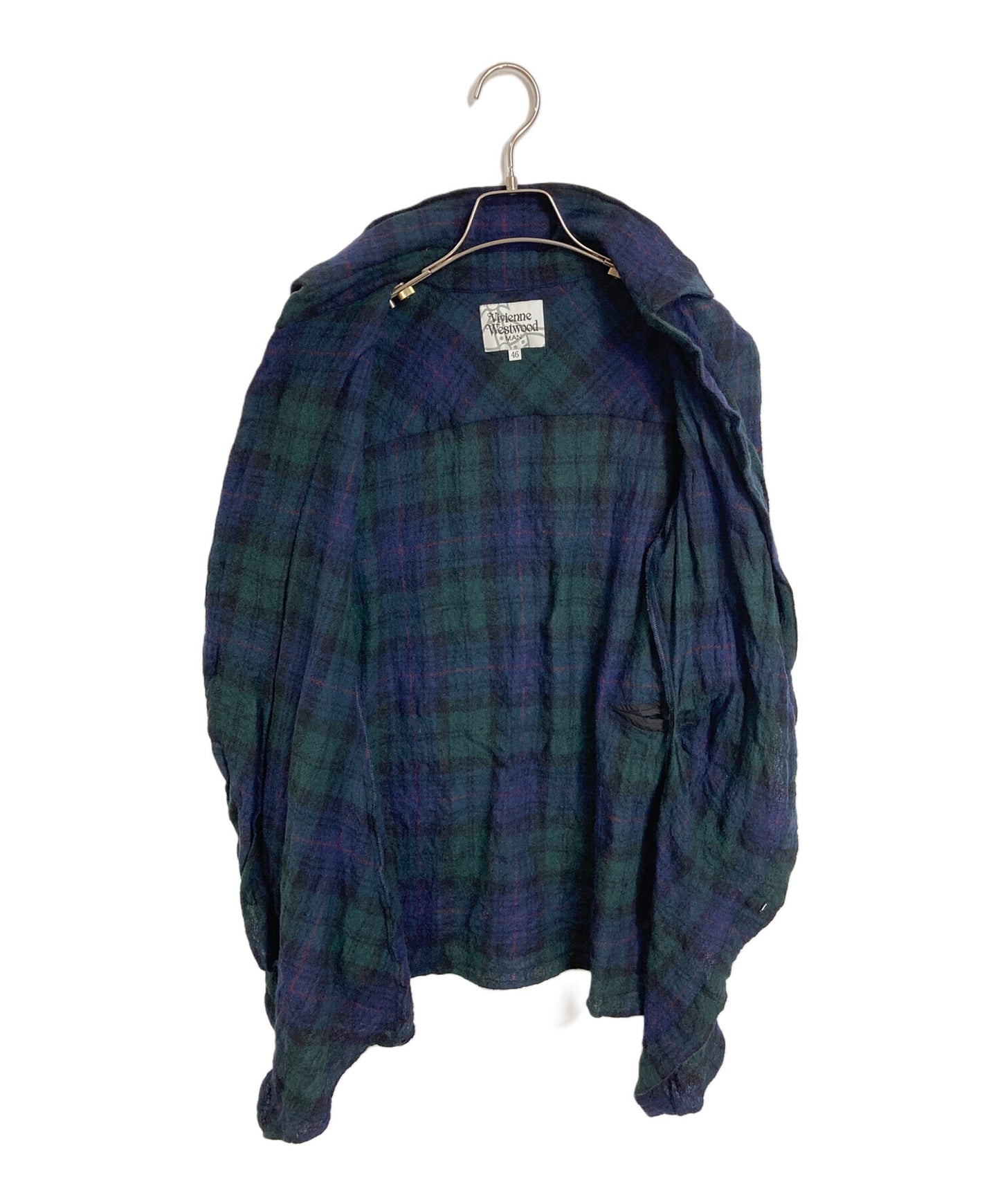 [Pre-owned] Vivienne Westwood Logo-Embroidered Asymmetrical Long Wool Shirt, Long-Sleeve Shirt, Checkered Shirt VW-WR-71915