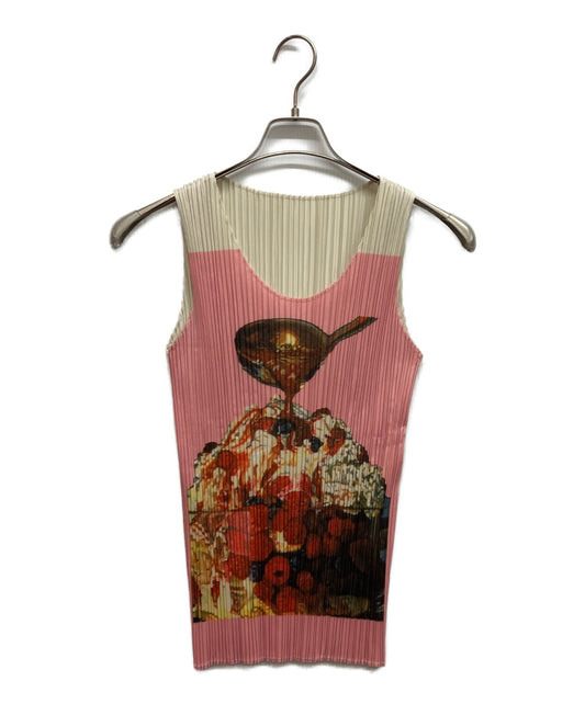 [Pre-owned] PLEATS PLEASE Sleeveless Pleated T-Shirt with Parfait Print PP06-JK501