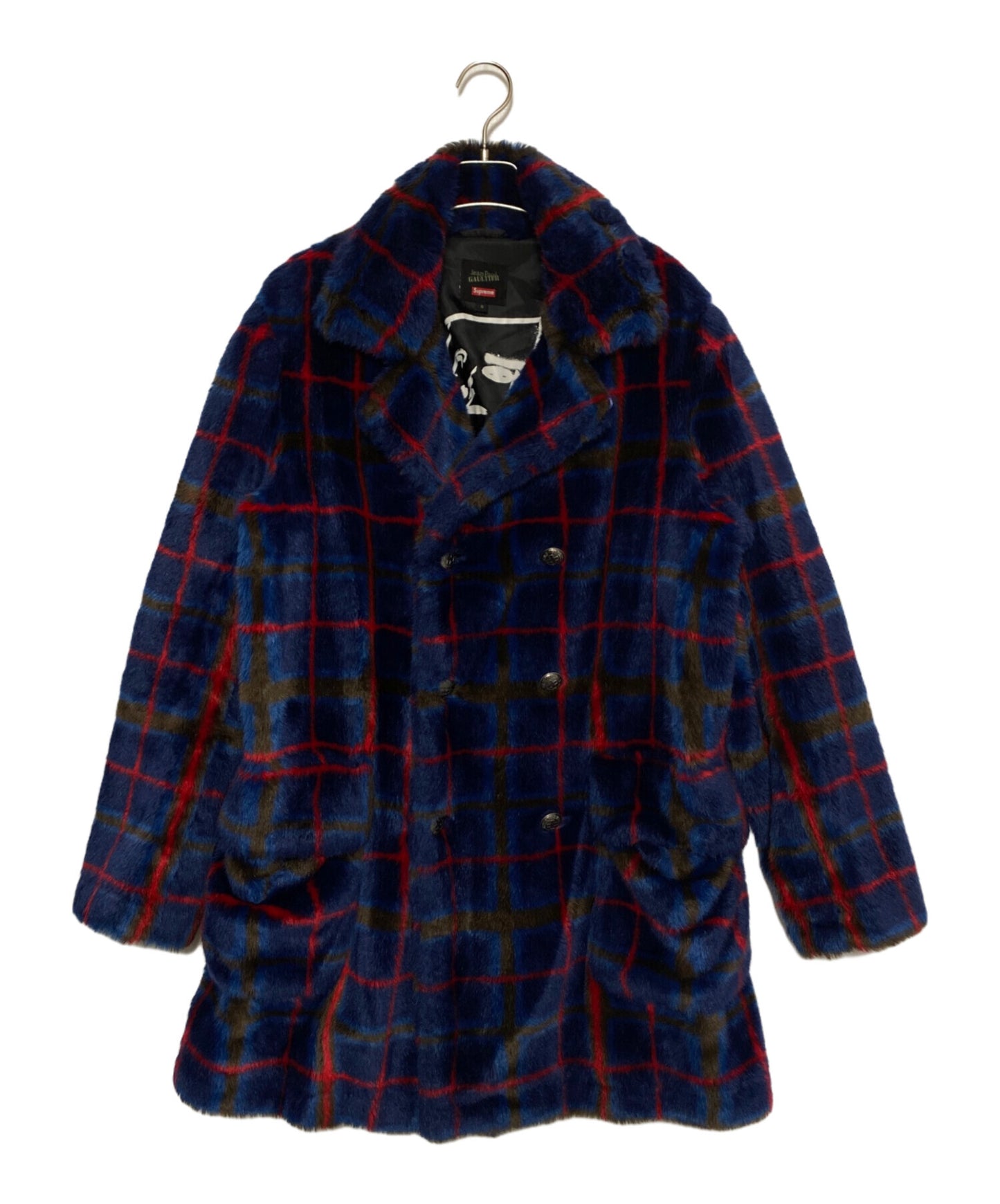 [Pre-owned] SUPREME DOUBLE Breasted Plaid Faux Fur COAT Blue