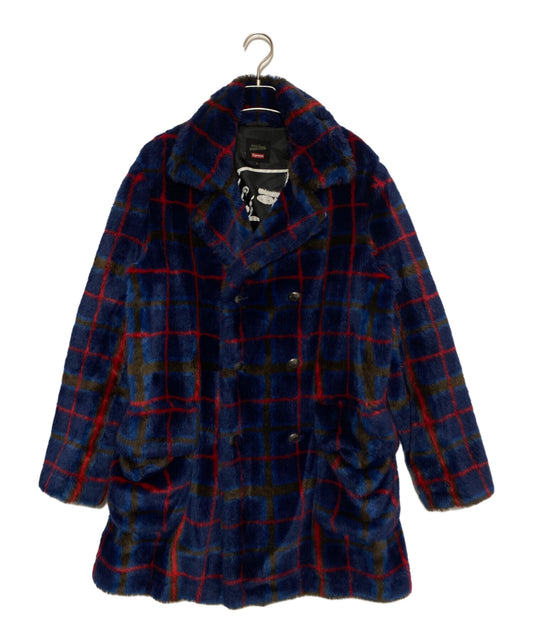 [Pre-owned] SUPREME DOUBLE Breasted Plaid Faux Fur COAT Blue