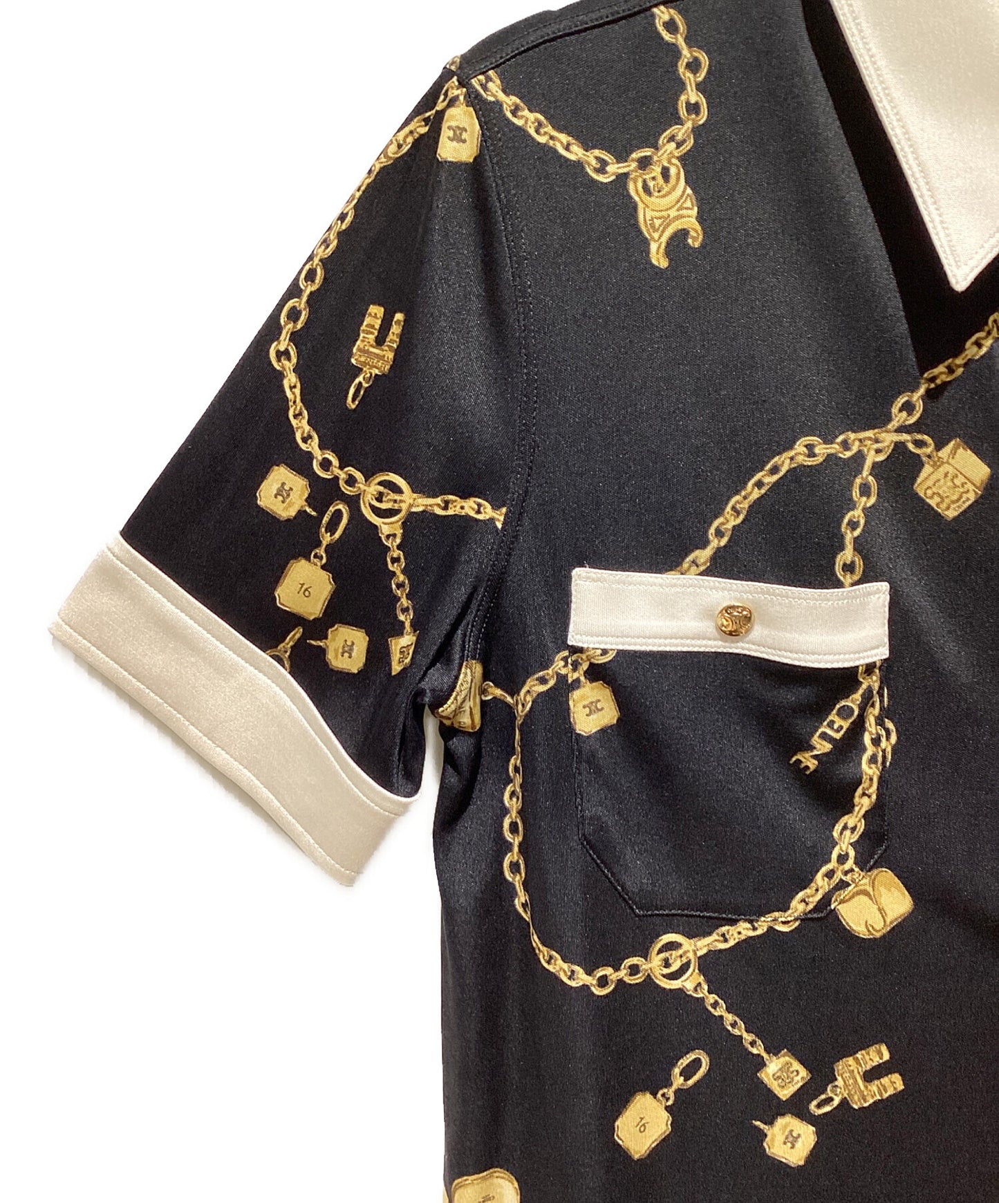 [Pre-owned] CELINE Jewelry Print Silk Polo Blouse 2B832468U