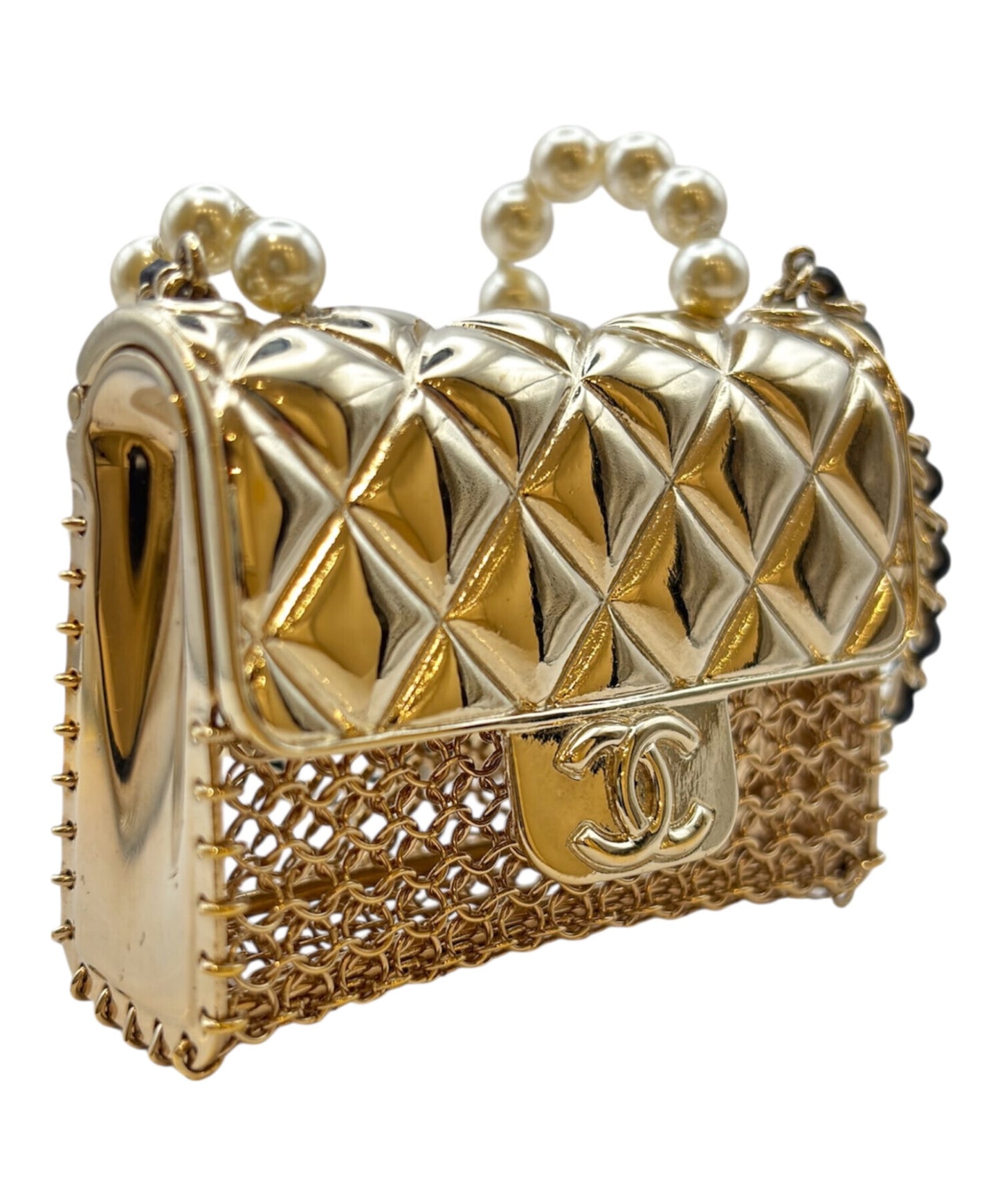 [Pre-owned] CHANEL Matelasse bag motif, fake pearl, long Necklace Accessories White Silver Matelasse bag motif fake pearl necklace / pearl necklace / costume jewelry