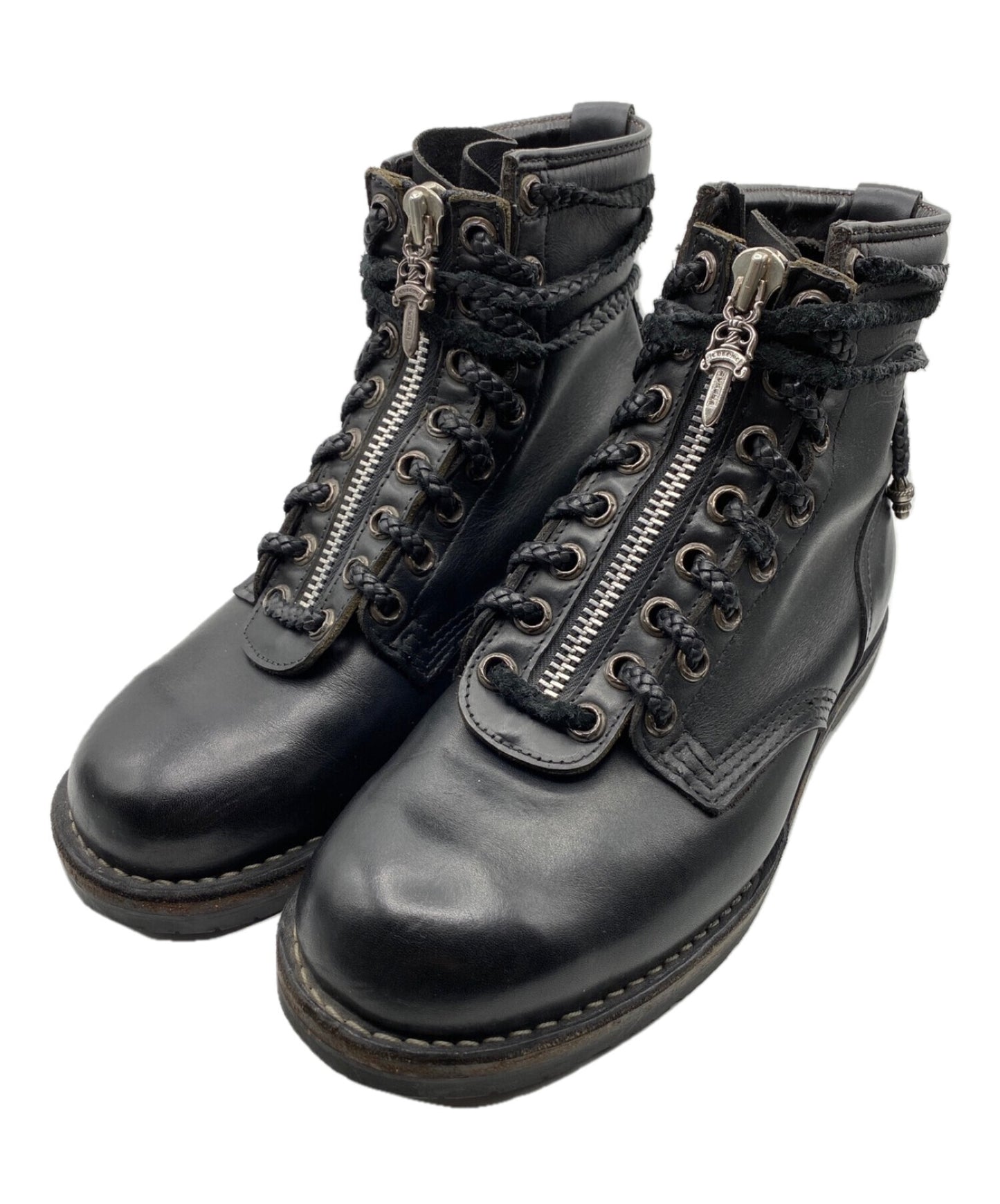 [Pre-owned] CHROME HEARTS×WESCO Fireman Center Dagger Zip Lace-Up Boots 308033287BLK075201